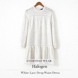 Halogen White Lace Shift Dress Long Sleeve Cotton Blend Size M